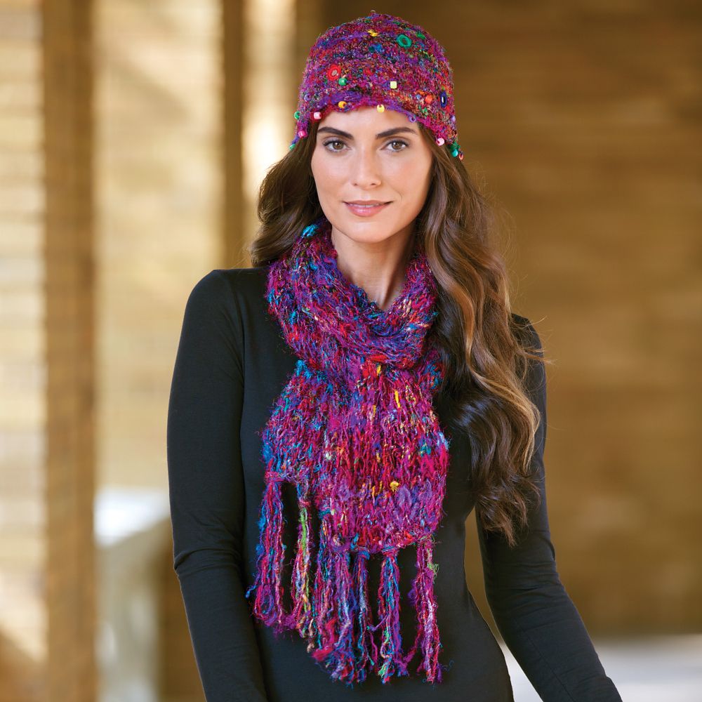 Silk Sari Knit Hat and Scarf Set