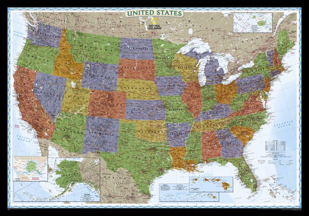 U.S. Political Map (Bright-colored), Mounted