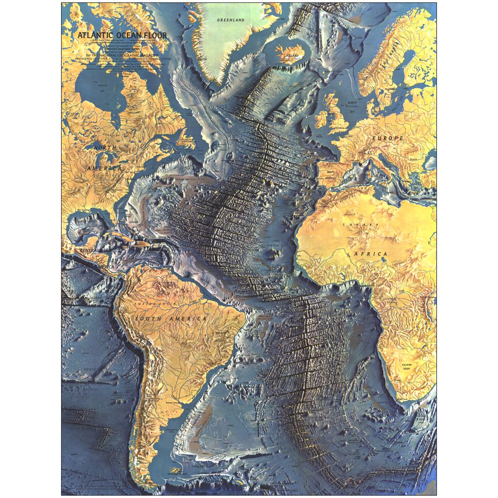 1968 Atlantic Ocean Floor Map, Laminated