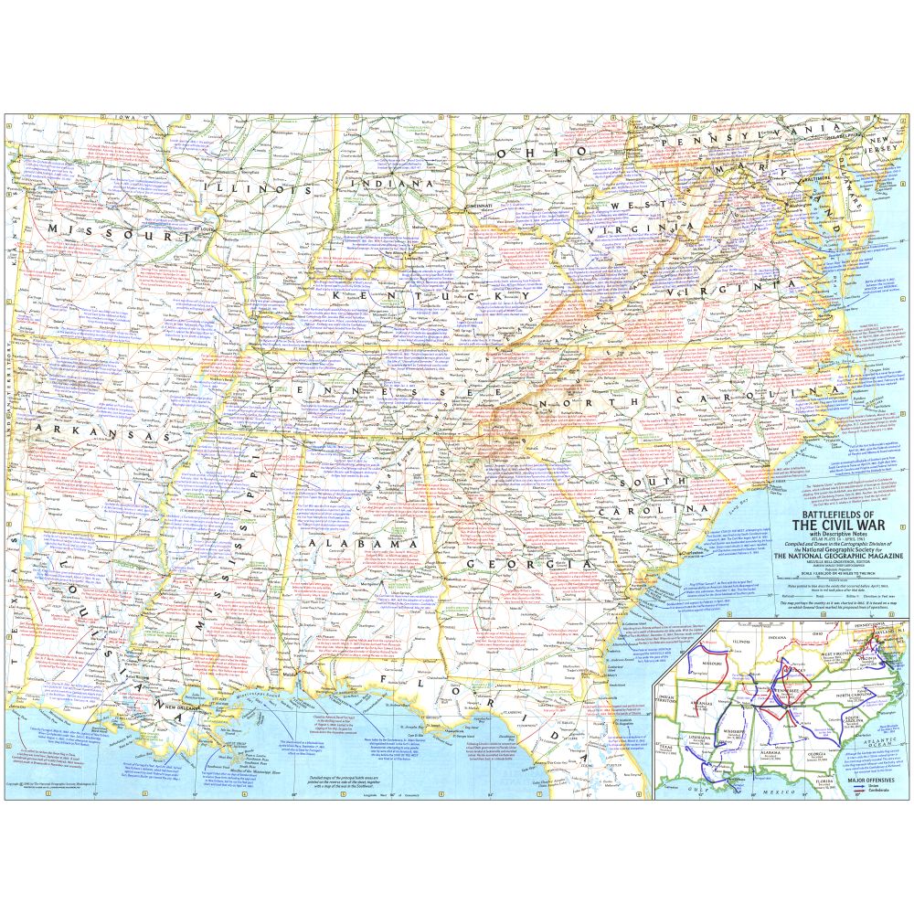 1961 Battlefields of The Civil War Map, Laminated