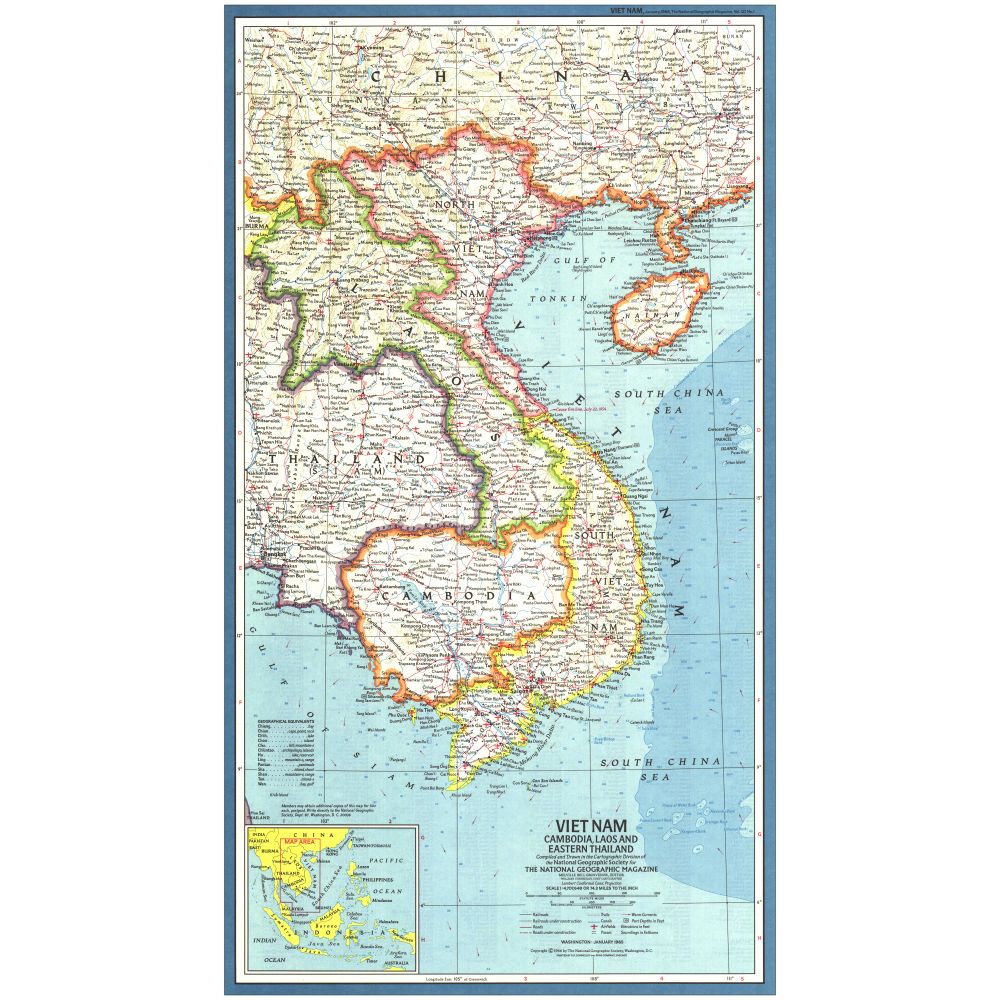 1965 Vietnam, Cambodia, Laos, and Eastern Thailand Map, Mounted