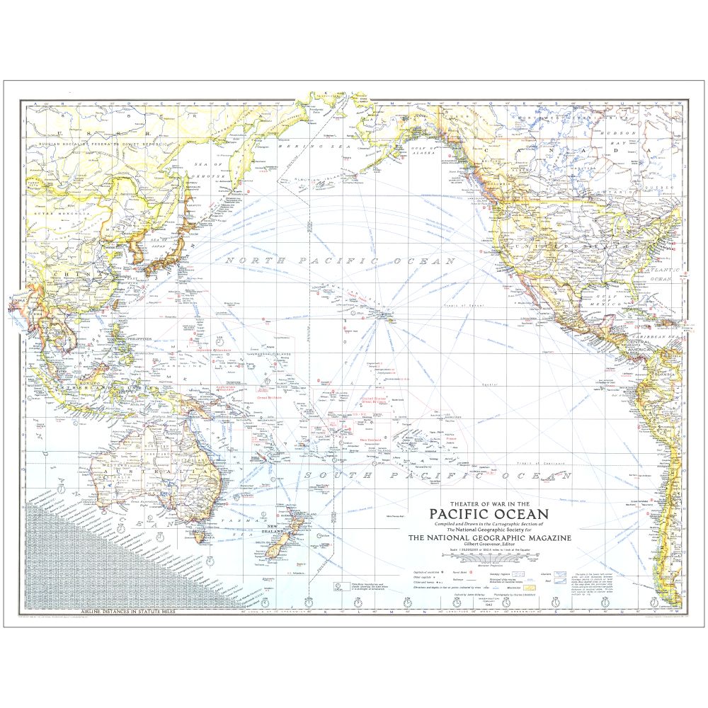1942 Theater of War in the Pacific Ocean Map, Mounted