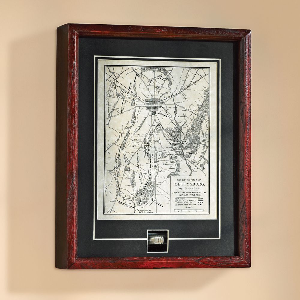 Framed Gettysburg Map and Authentic Civil War Bullet