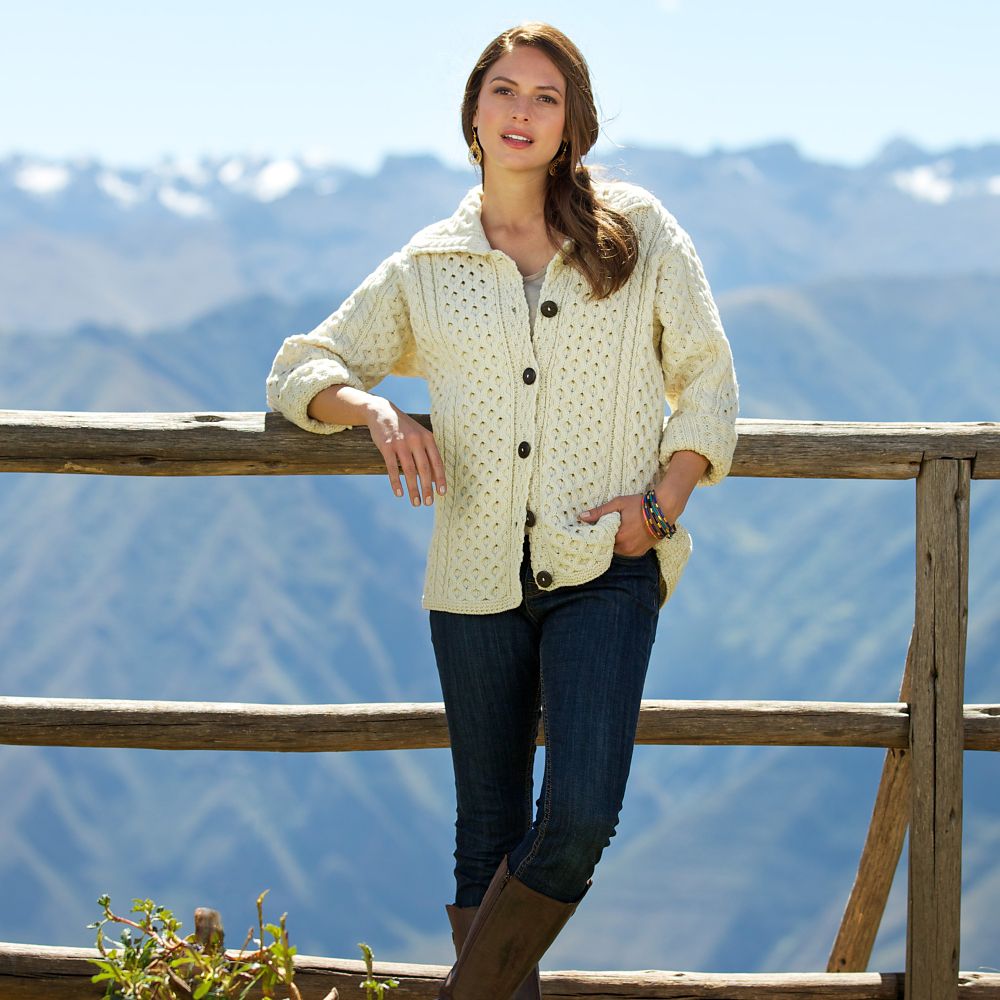 Women's Irish Aran Merino Wool Long Cardigan