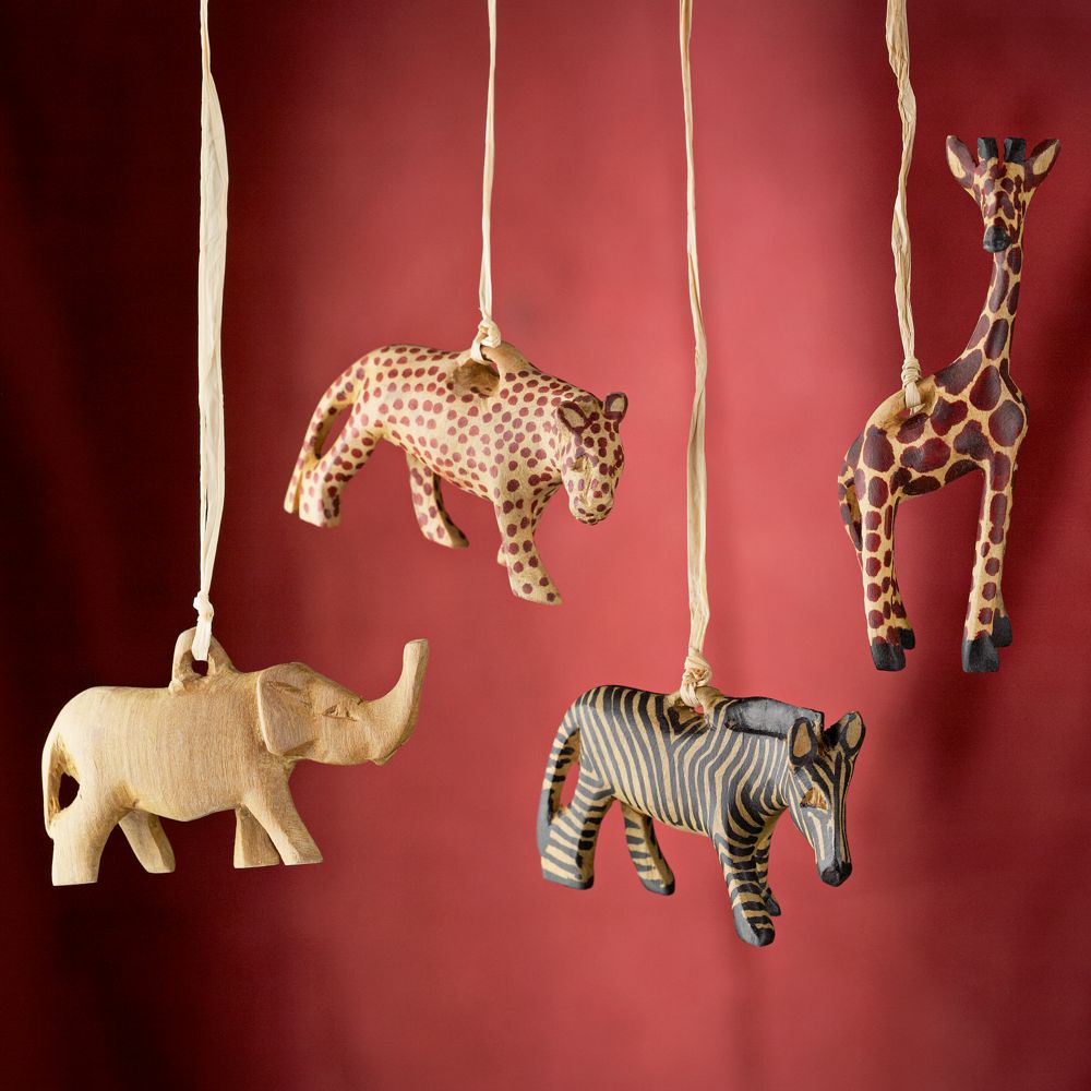 Kenyan Carved Olive-wood Safari Animal Ornaments - Set of 4