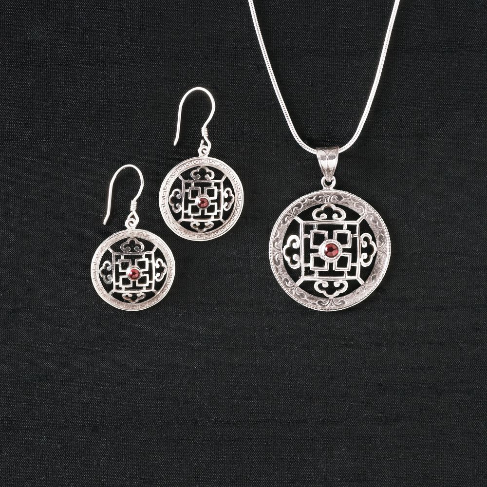 Silver and Garnet Mandala Earrings