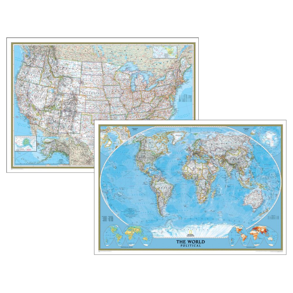 Poster-sized World and U.S. Combination Map Set (Classic)