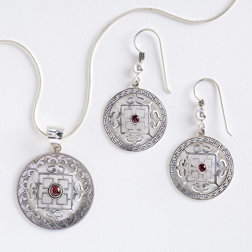 Silver & Garnet Mandala Earrings and Necklace