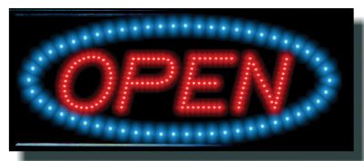 LED & Wireless Remote Programmable Sign OPEN, Red With Blue Oval