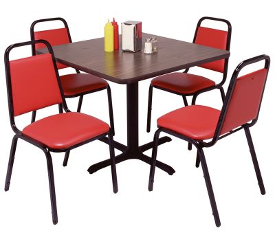 Quick-Serve Red Chairs With Black Frames. Oak/Walnut Table Tops. 24'' Sq.
