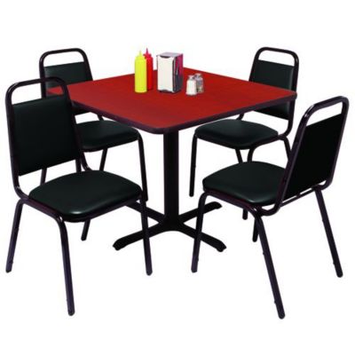 Quick-Serve Red Chairs With Black Frames. Cherry/Black Table Tops. 24'' Sq.