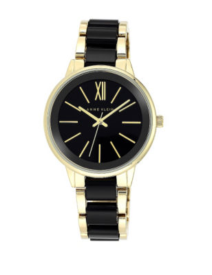 Anne Klein Glossy Dial Black & Gold-Tone Bracelet Link Band Watch ...