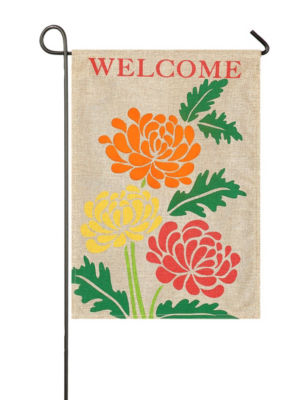 UPC 808412295508 product image for Evergreen Fall Mums Burlap Welcome Flag - Beige - Evergreen | upcitemdb.com