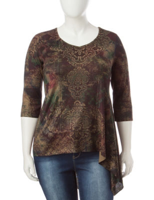 UPC 664480605300 product image for Energe Plus-size Mixed Print Asymmetrical Top - Green - 2X - Energe | upcitemdb.com