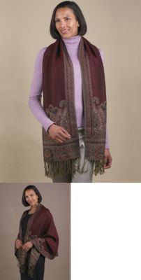 Burgundy Paisley-Bordered Shawl