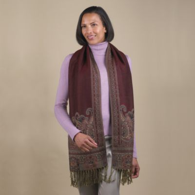 Burgundy Paisley-Bordered Shawl