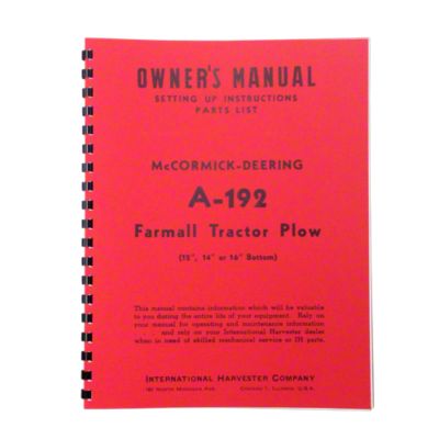 MCD A-192 Plow Owners Manual  ---  Setting Up Instructions / Parts List