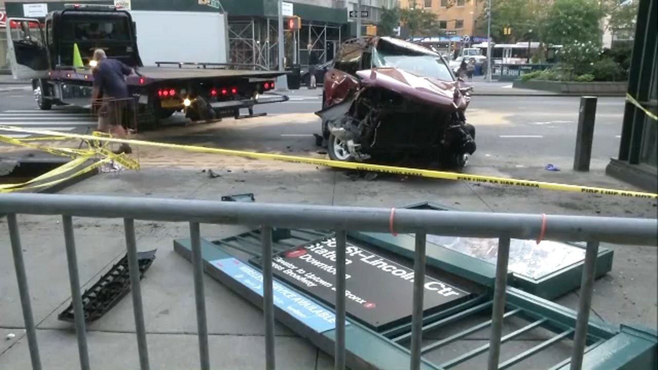 Car crash flings Manhattan subway station entrance into a pedestrian