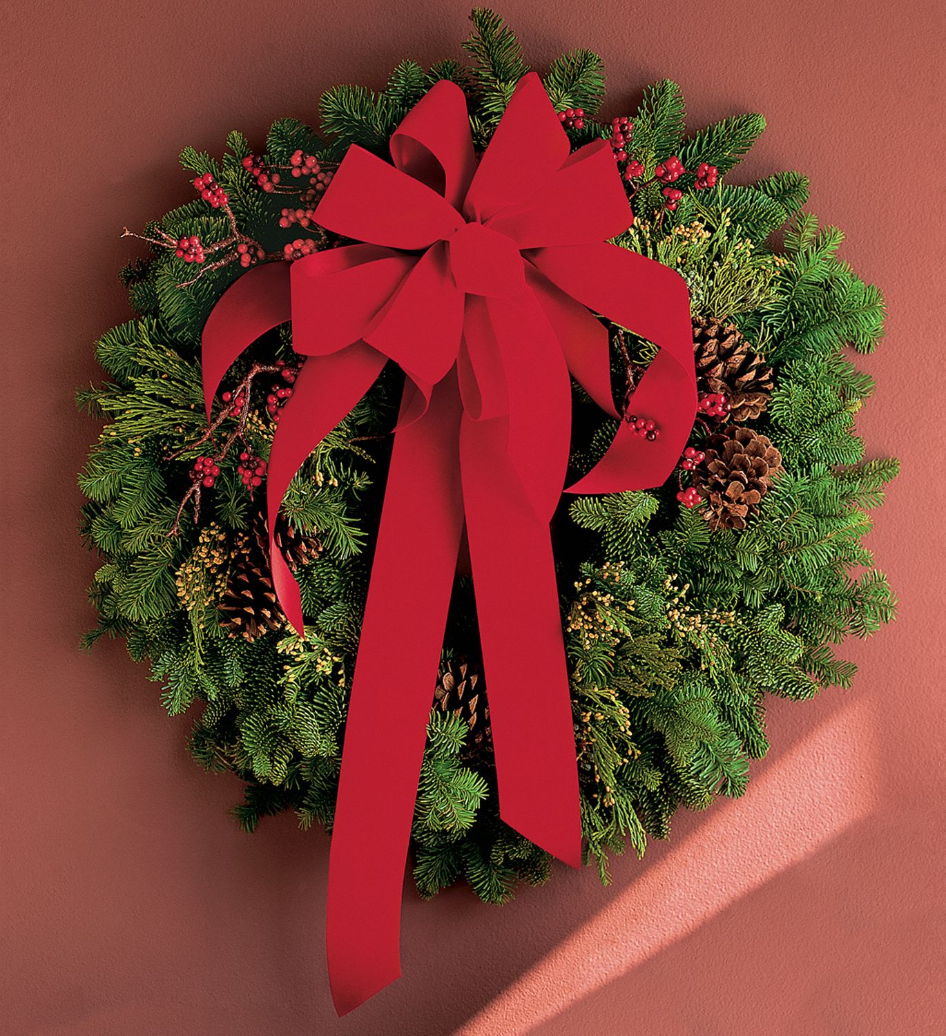 Wreath with Red Velvet Bow Flowers