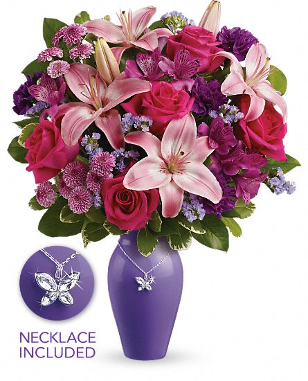 Lavender vase and butterfly necklace Mother's Day bouquet