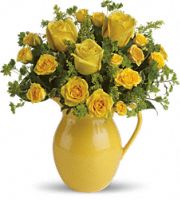sunny yellow pitcher of roses