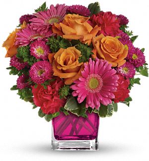 Turn up the Pink Bouquet - pink and orange flowers in a fuschia vase