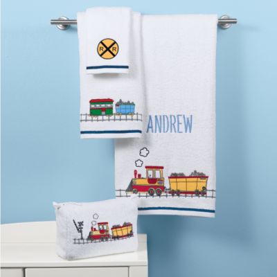 Train Appliqued Towels and Toiletry Bag