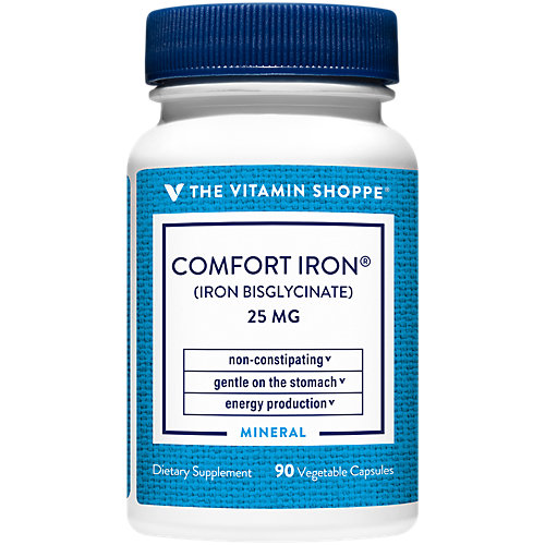 The Vitamin Shoppe Comfort Iron 25MG, Clinically Studied Iron Bisglycinate, Energy Production Immune Support, Gentle NonConstipating Supplement (90 Veggie Capsu 
