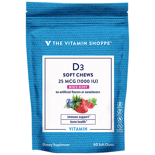 The Vitamin Shoppe D3 1,000IU Mixed Berry Flavored Chews, Supports Bone Immune Health, Aids in Cellular Growth Calcium Absorption, Gluten Free Once Daily Formul 