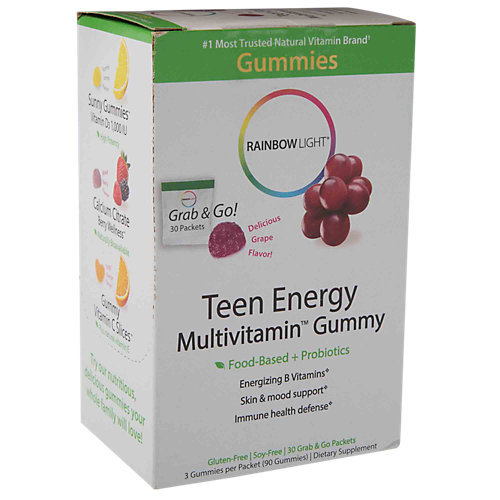 Teen Energy Gummy Multivitamin FoodBased Formula + Probiotics Lemon, Berry Orange (30 Single Serving Packets) 
