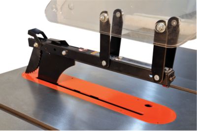 Blade guard and riving knife have quick release for tool-less mounting and removal