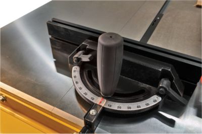 Micro-adjust miter gauge with extension plate offers wider crosscut support