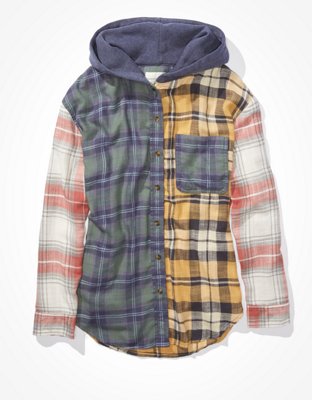 American eagle plaid flannel online hooded button up shirt