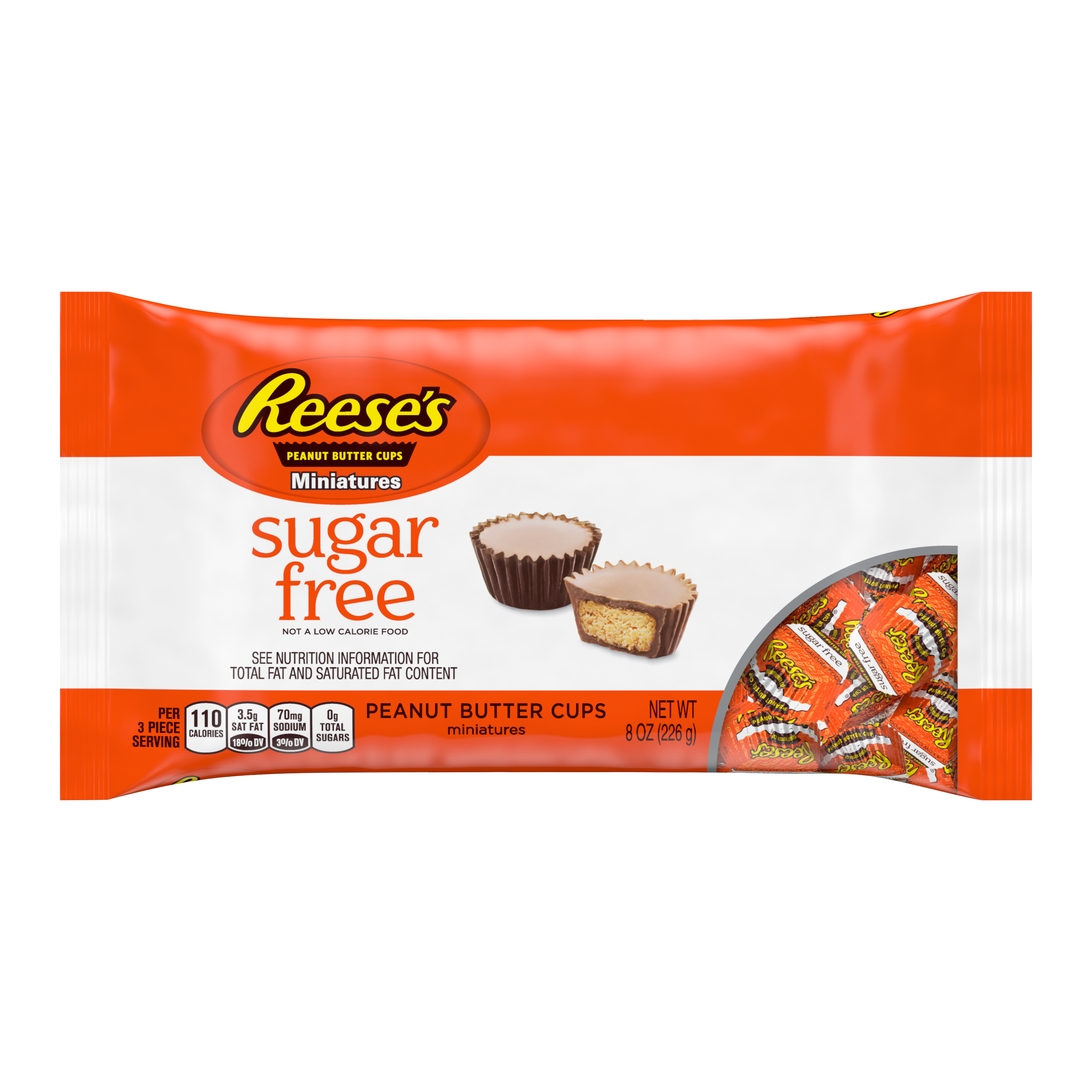 REESE'S Sugar Free Milk Chocolate Miniatures Peanut Butter Cups, 8 oz bag - Front of Package