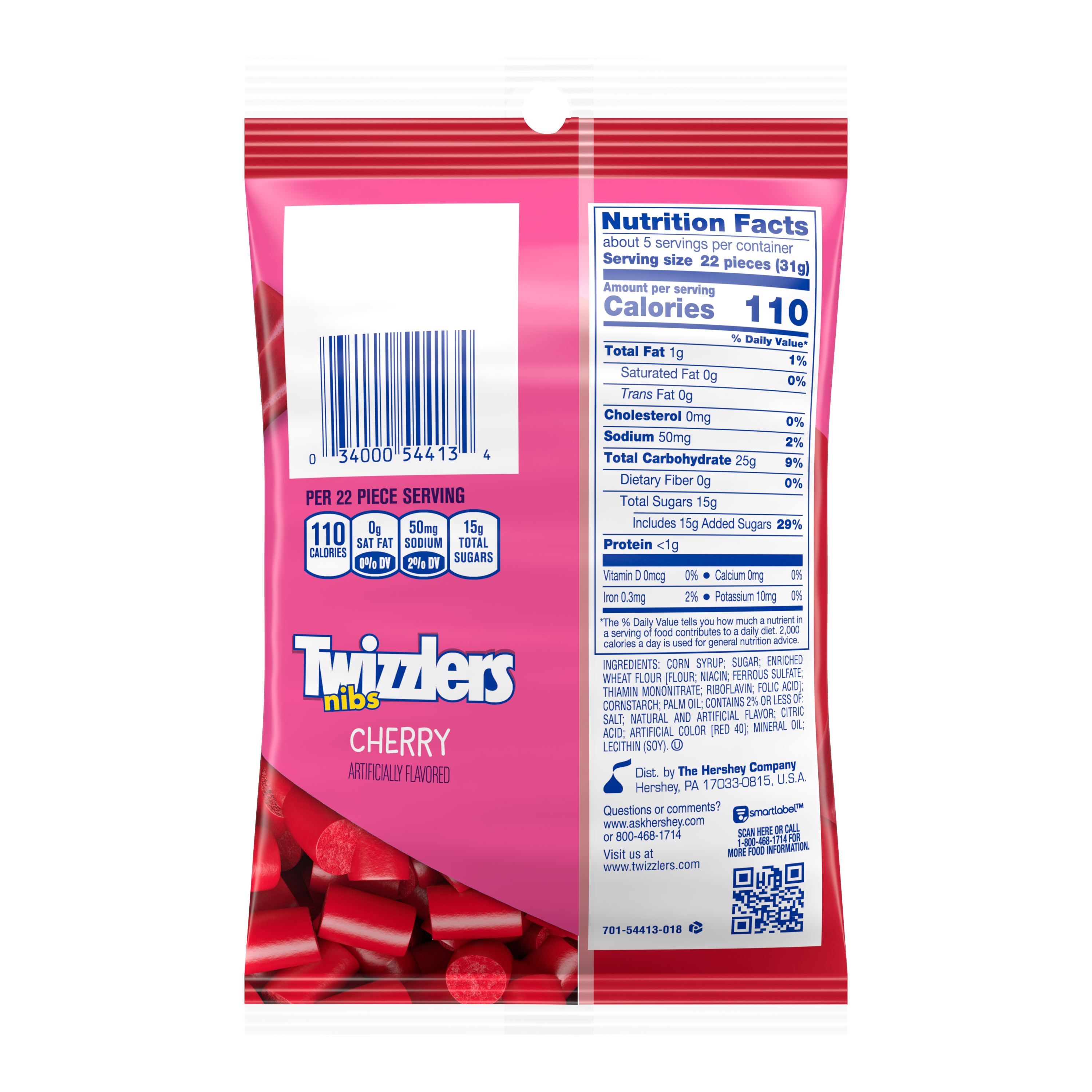 TWIZZLERS NIBS Cherry Flavored Candy, 6 oz bag - Back of Package