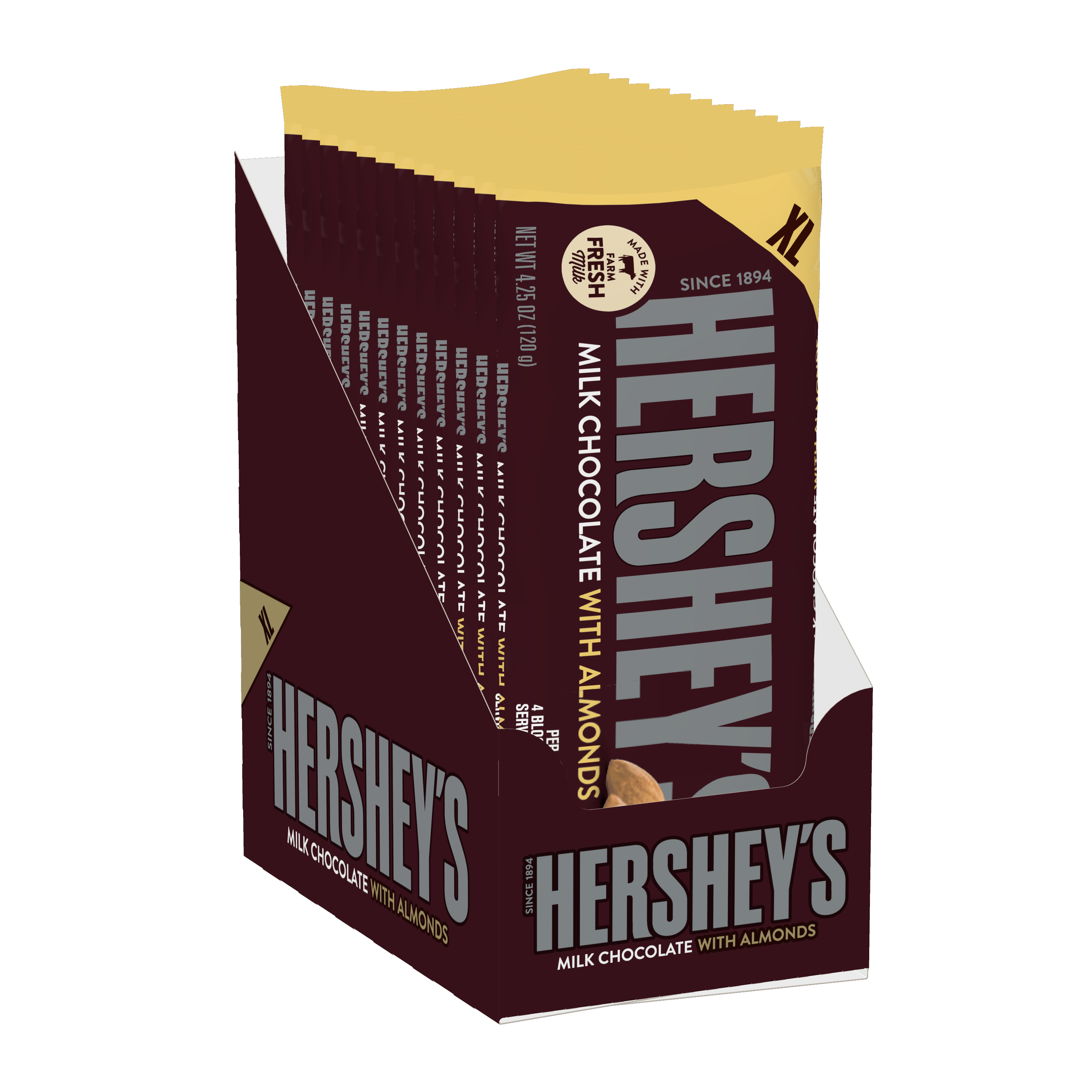 HERSHEY'S Milk Chocolate with Almonds XL Candy Bars, 4.25 oz, 12 pack - Left Side of Package