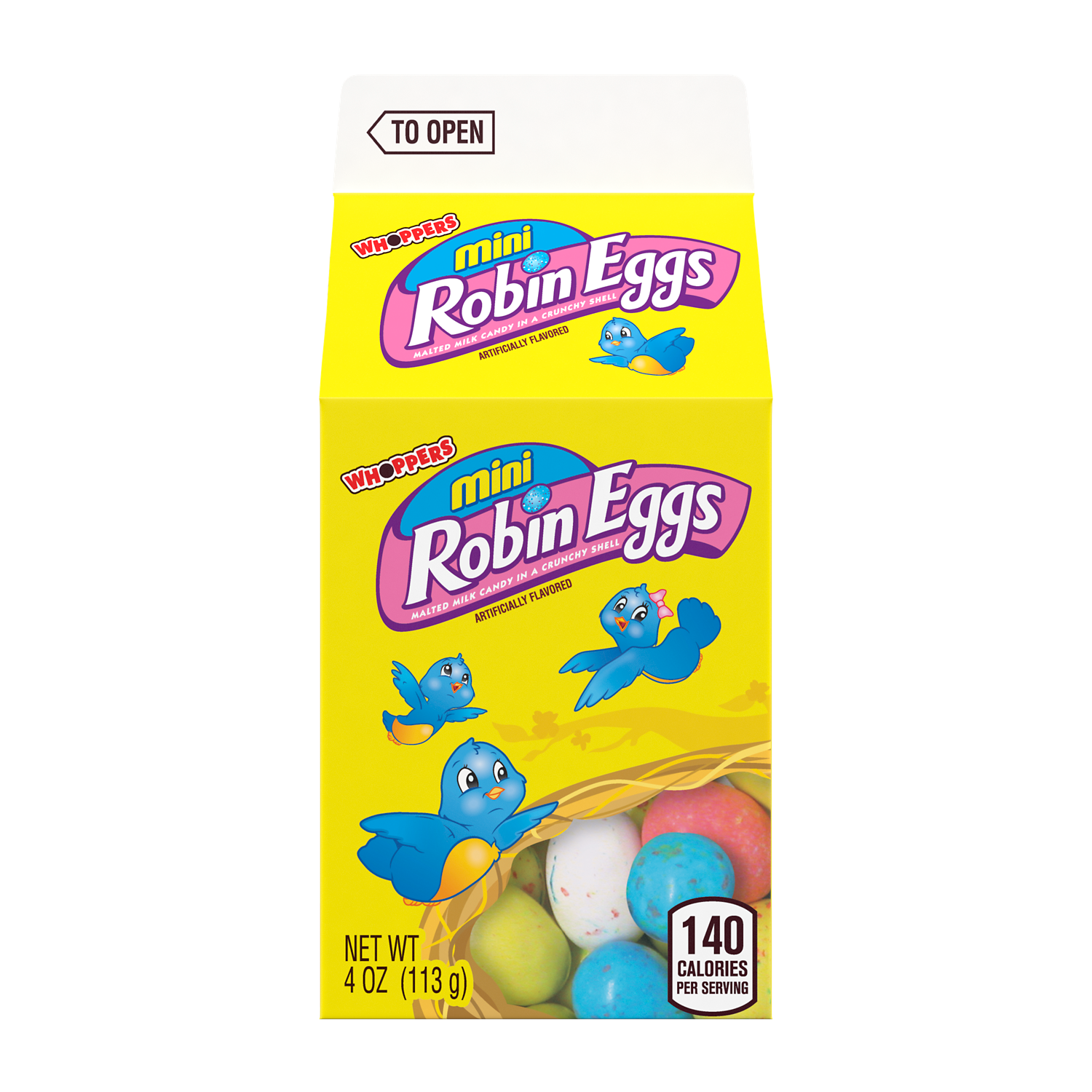 WHOPPERS ROBIN EGGS Mini Malted Milk Balls, 4 oz carton - Front of Package