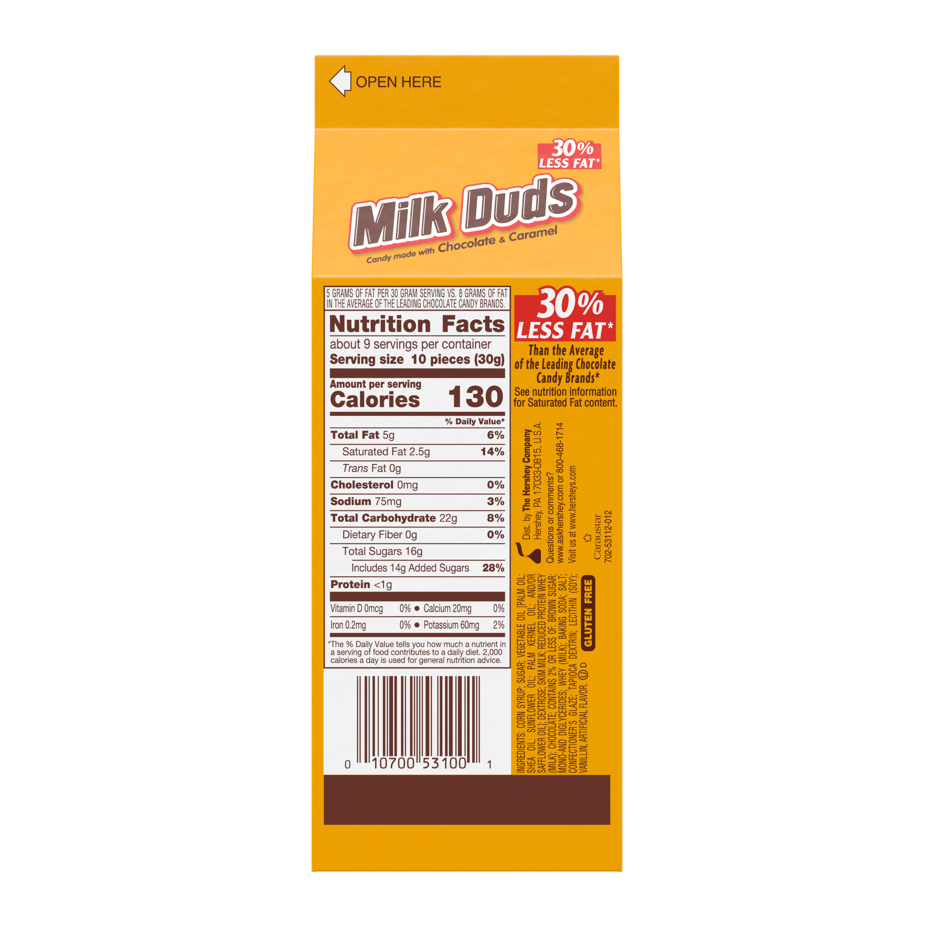 MILK DUDS Chocolate and Caramel Candy, 10 oz box - Back of Package