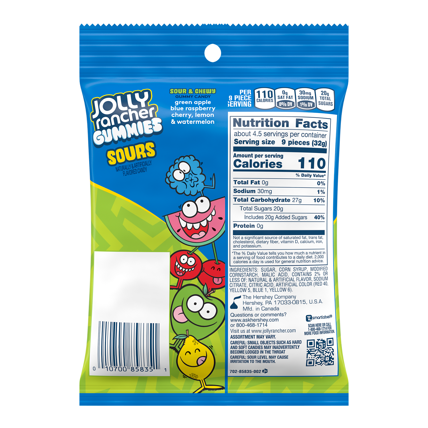 JOLLY RANCHER GUMMIES Green Apple, Blue Raspberry, Cherry, Grape, Watermelon Candy, 5 oz bag - Back of Package