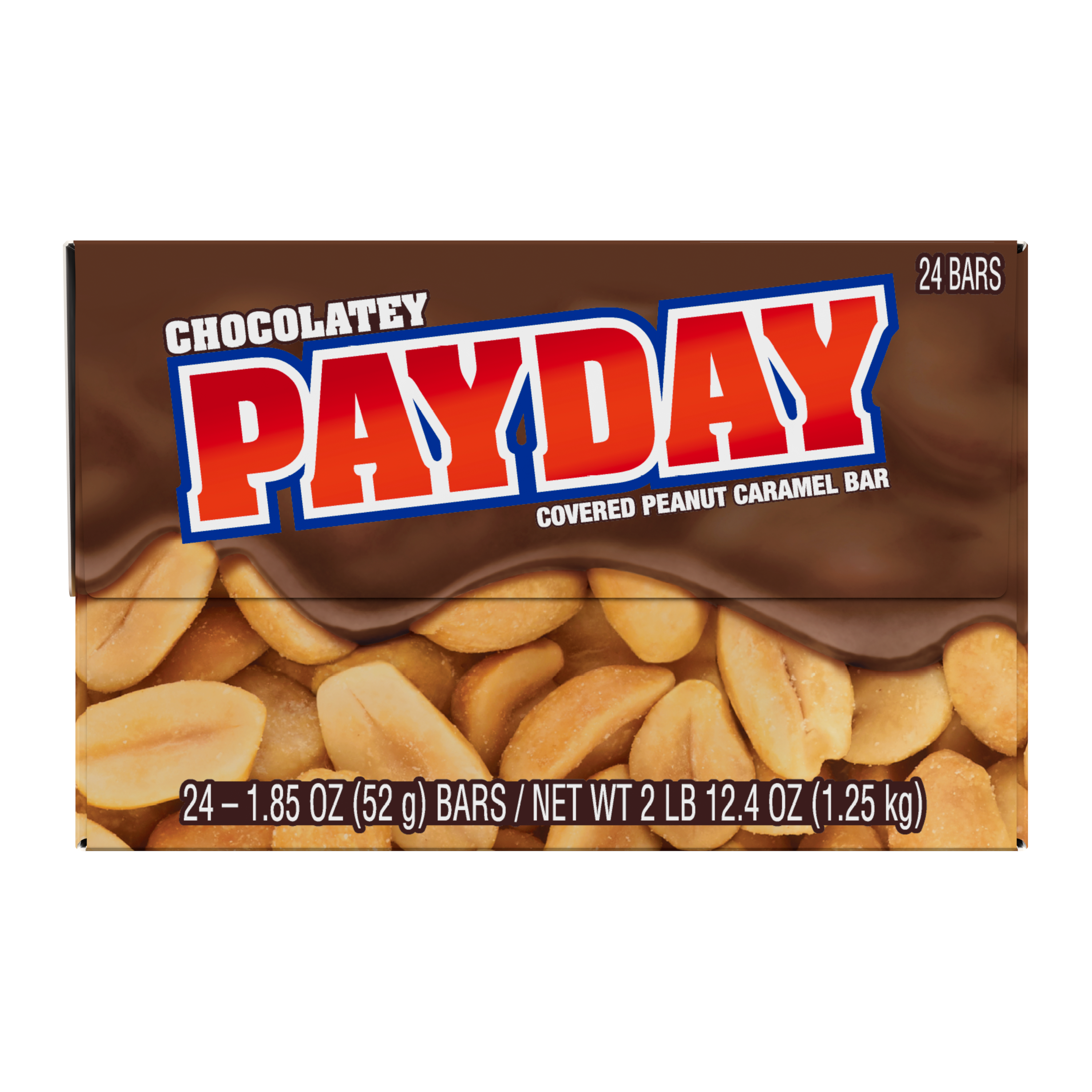 PAYDAY Chocolatey Covered Peanut and Caramel Candy Bars, 44.4 oz box, 24 pack - Front of Package