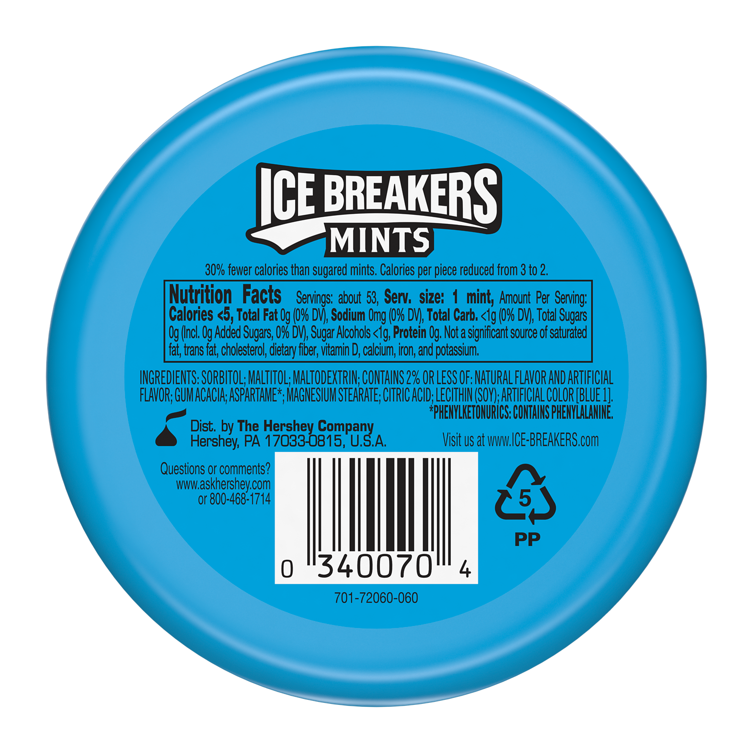 ICE BREAKERS Coolmint Sugar Free Mints, 1.5 oz puck - Back of Package
