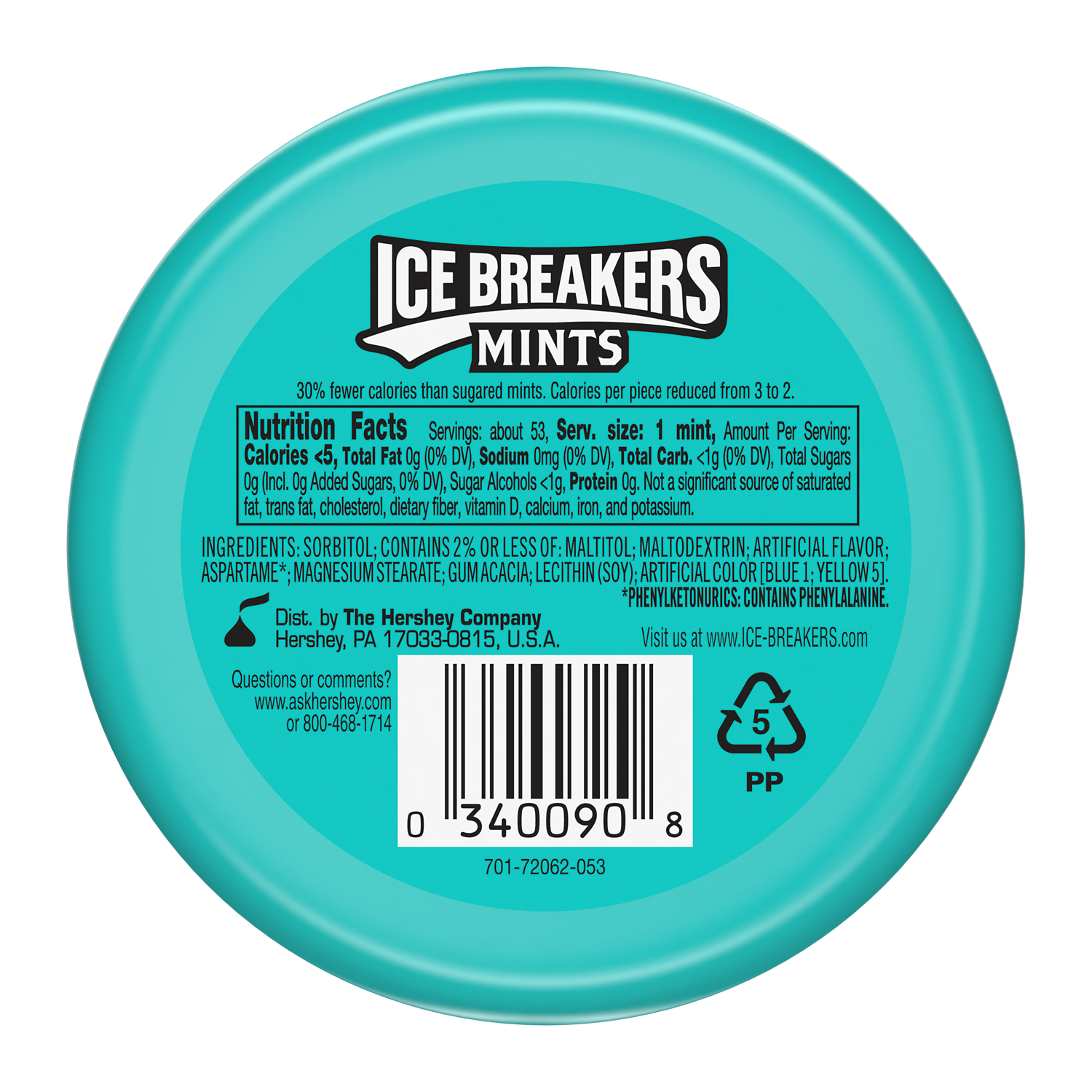 ICE BREAKERS Wintergreen Sugar Free Mints, 1.5 oz puck - Back of Package