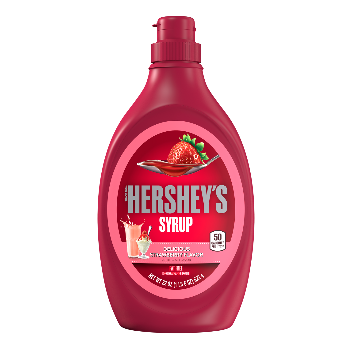 HERSHEY'S Strawberry Flavored Syrup, 22 oz bottle - Front of Package