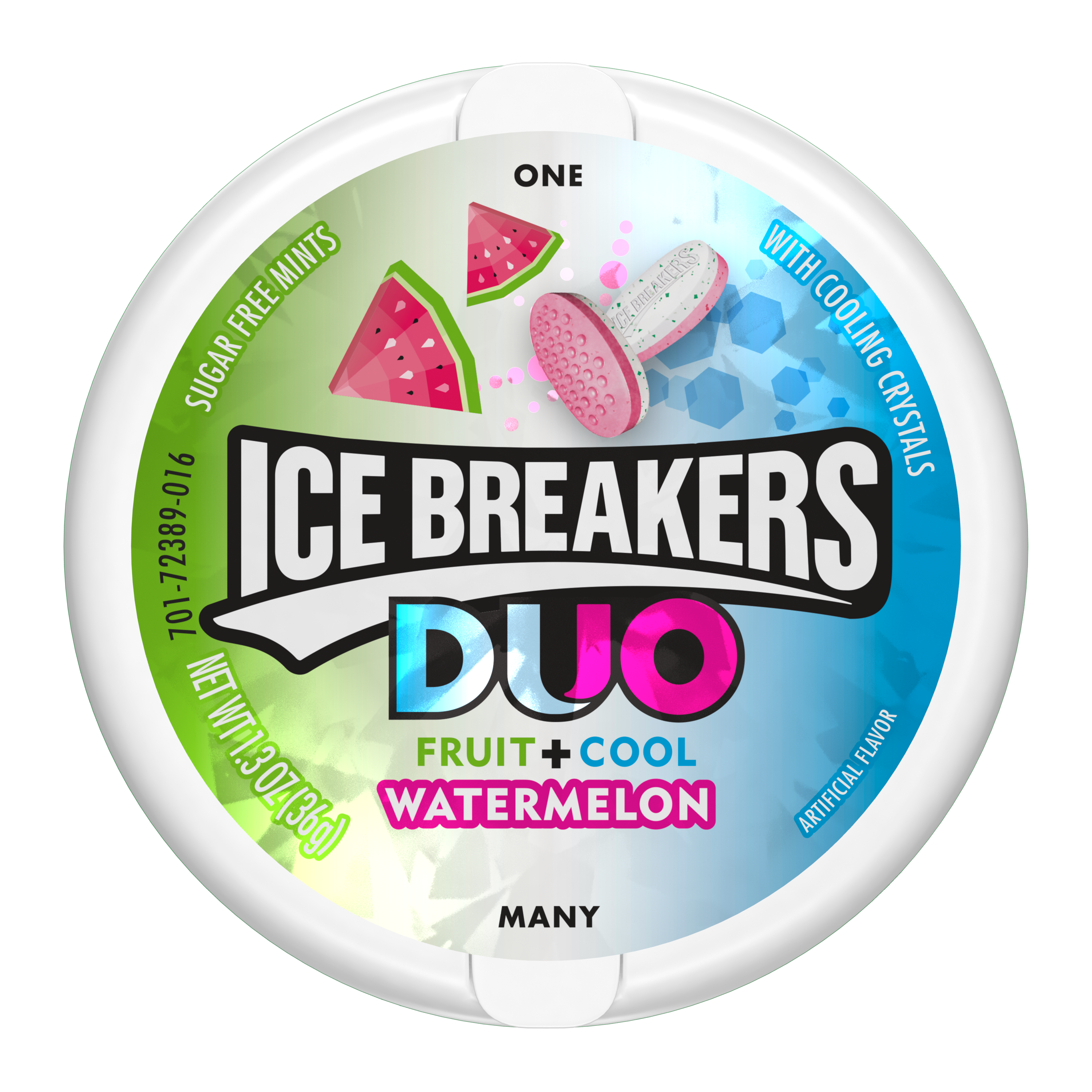 ICE BREAKERS DUO Watermelon Sugar Free Mints, 1.3 oz puck - Front of Package