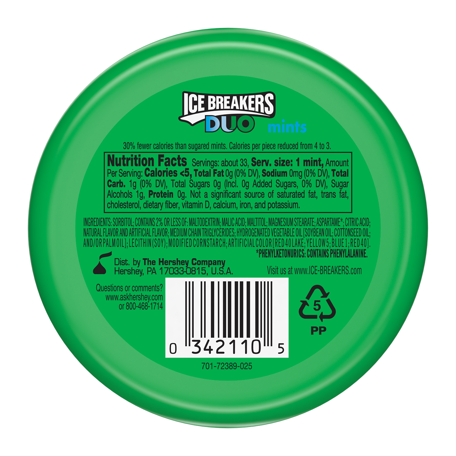ICE BREAKERS DUO Watermelon Sugar Free Mints, 1.3 oz puck - Back of Package