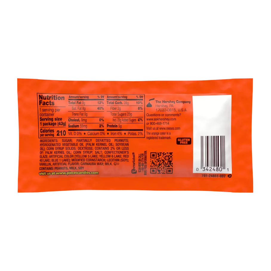 REESE'S PIECES Peanut Butter Candy, 1.53 oz - Back of Package