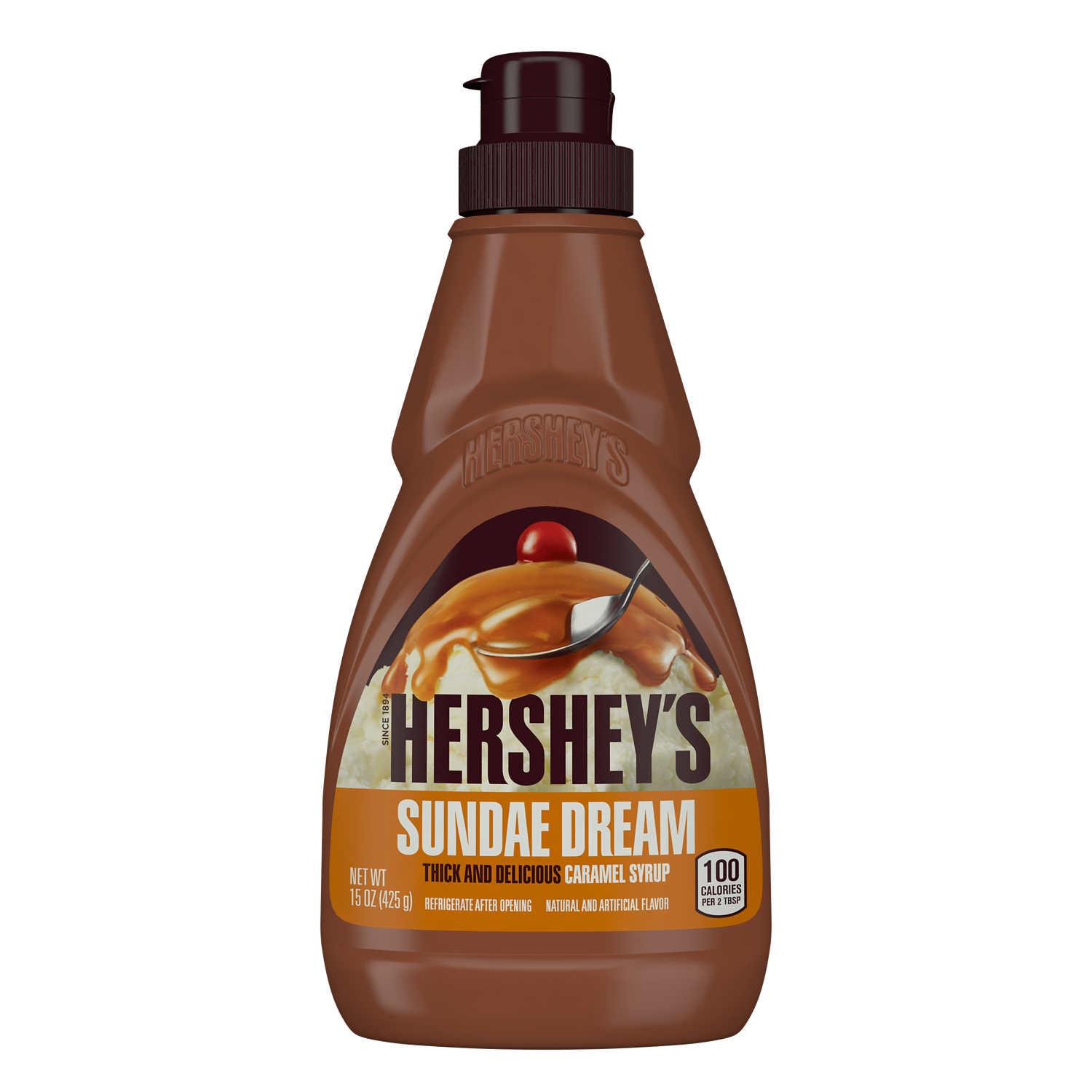 HERSHEY'S SUNDAE DREAM Caramel Syrup, 15 oz bottle - Front of Package
