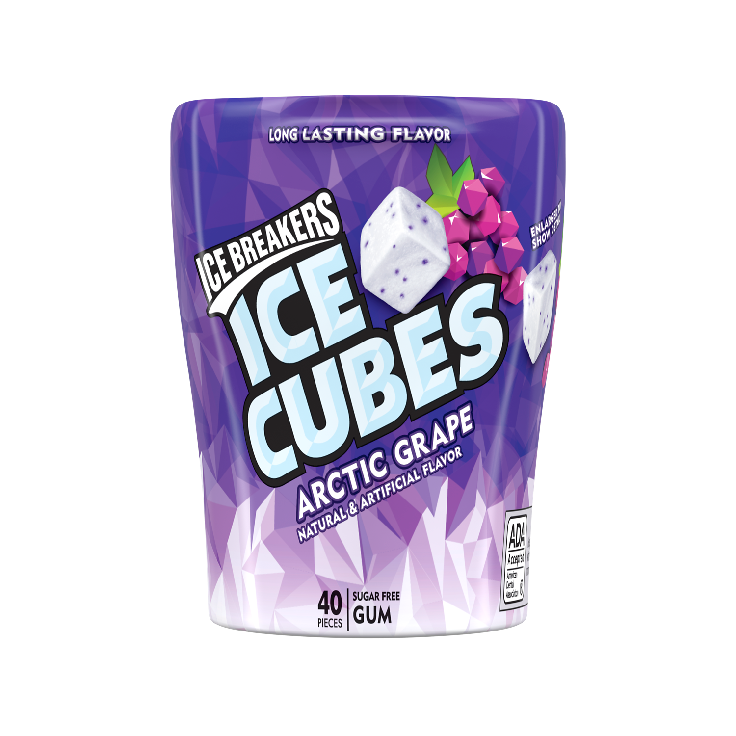 ICE BREAKERS ICE CUBES ARCTIC GRAPE Sugar Free Gum, 3.24 oz bottle, 40 pieces - Front of Package