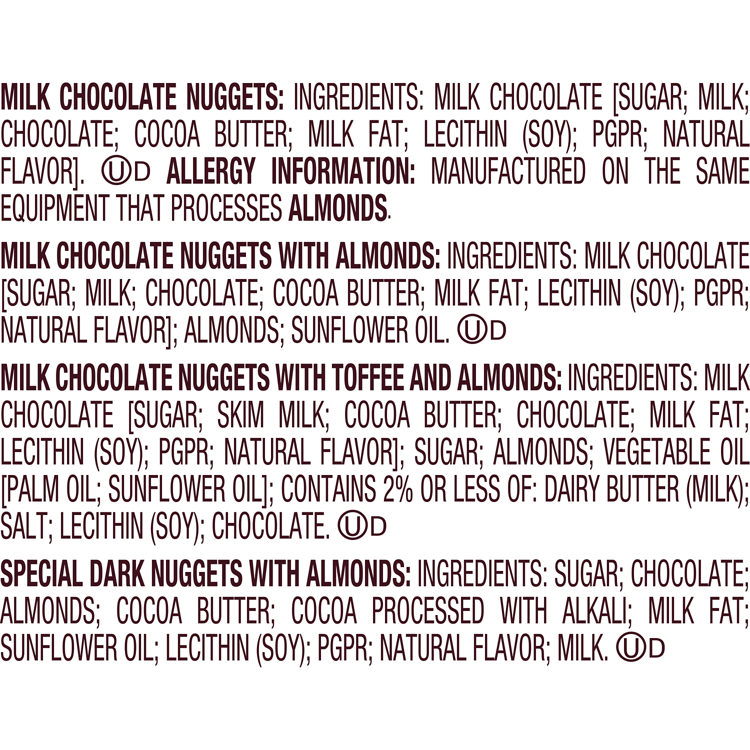 HERSHEY'S NUGGETS Assortment, 15.6 oz pack - Ingredients