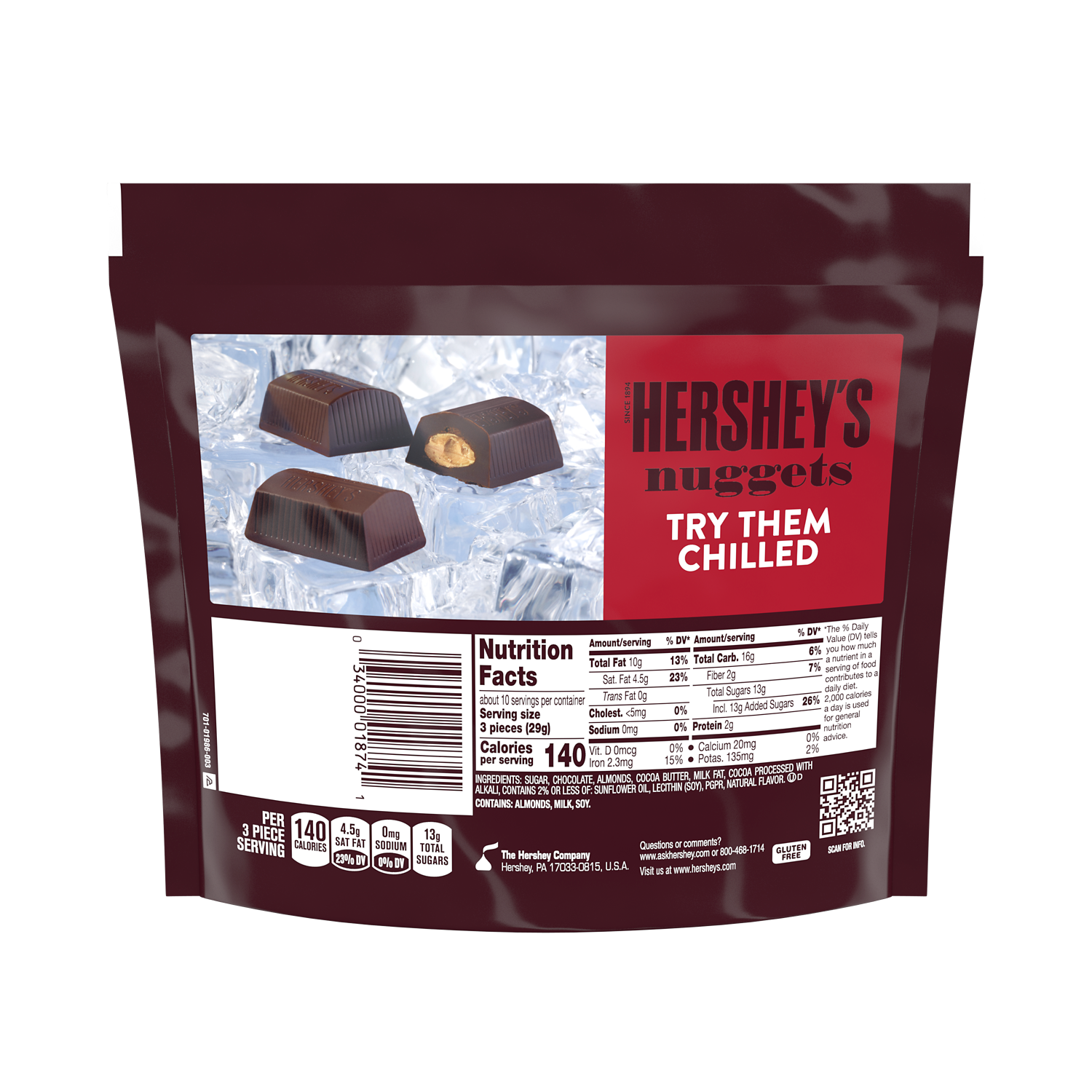 HERSHEY'S NUGGETS SPECIAL DARK Mildly Sweet Chocolate with Almonds Candy, 10.1 oz pack - Back of Package